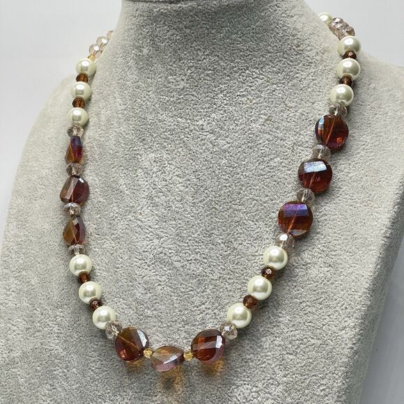 Artisan Amber Color Glass White Faux Pearl Beaded Necklace Earrings Set Stunning - Picture 4 of 8